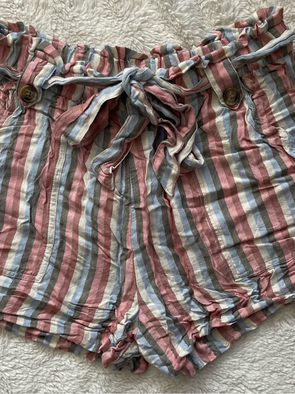 Striped Tie-Waist Women's Shorts in Pink, Blue & Cream